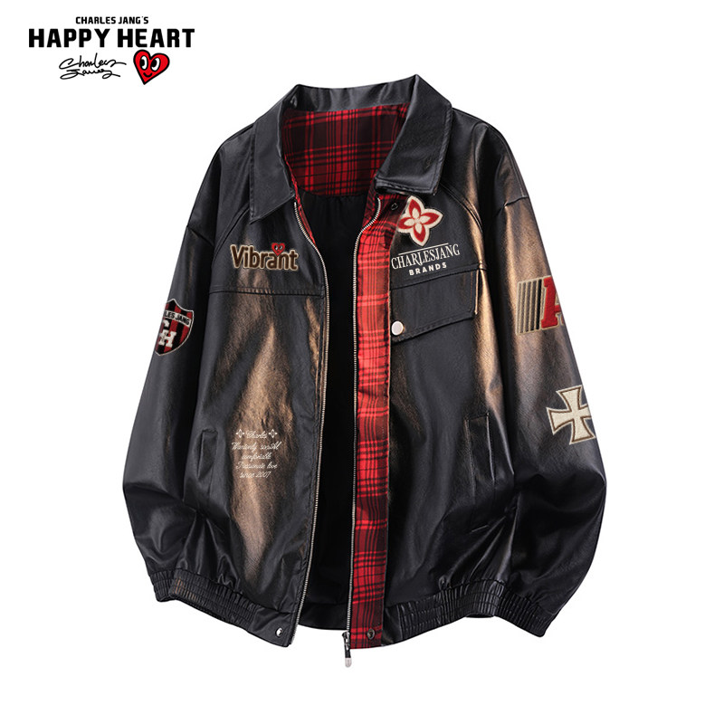 查尔斯桃心复古印花PU皮夹克男士春秋冬季潮流百搭机车服上衣外套