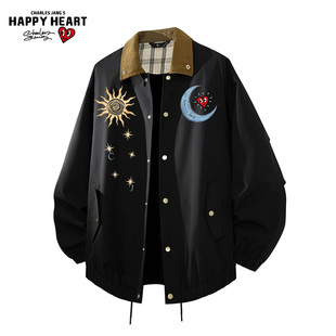 查尔斯桃心美式格纹翻领夹克男春秋季新款日月印花情侣教练服外套