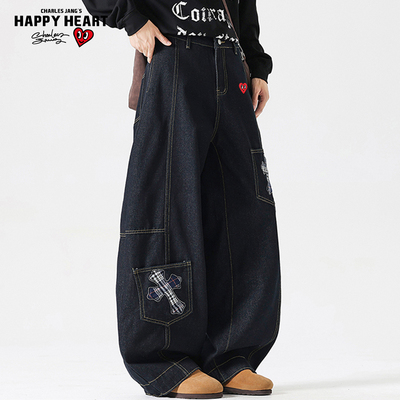 查尔斯桃心美式十字架牛仔裤男秋冬季复古多口袋设计感宽松阔腿裤