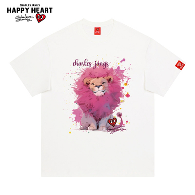 查尔斯桃心 粉色小狮子印花纯棉短袖T恤男女夏季宽松情侣2025年