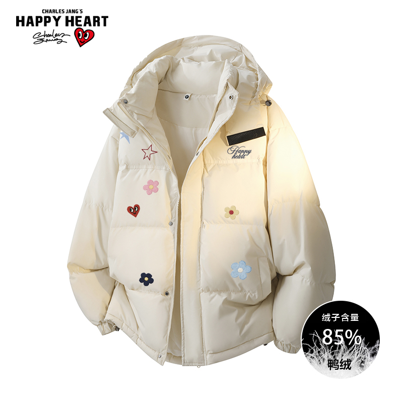 查尔斯桃心趣味花卉印花羽绒服男女冬季新款连帽加厚保暖面包外套 - 封面