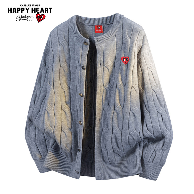 查尔斯桃心 秋冬季针织开衫毛衣男慵懒风麻花纹宽松休闲情侣外套