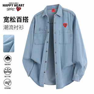 查尔斯桃心 美式工装牛仔衬衫男女春秋新款潮牌休闲长袖衬衣外套