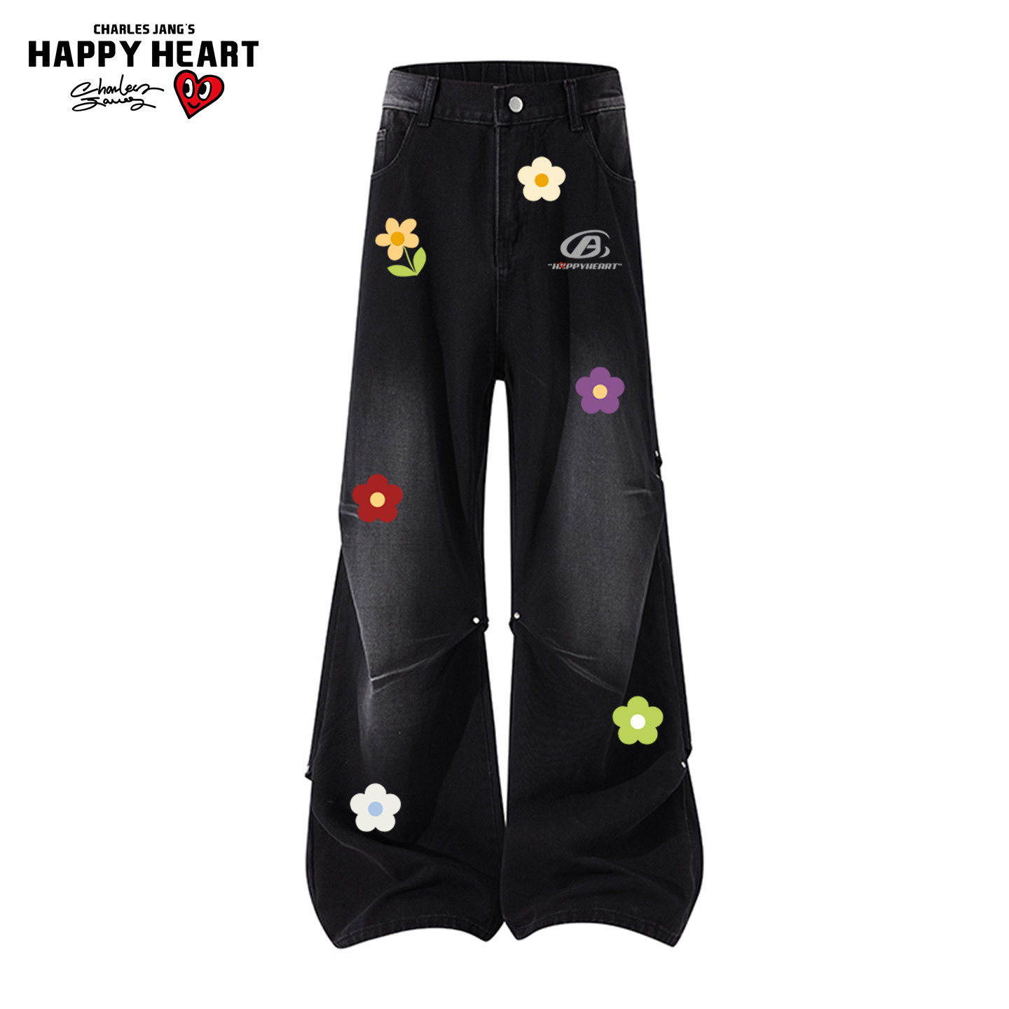 查尔斯桃心美式花卉印花高街牛仔裤男女款春秋季宽松直筒休闲长裤