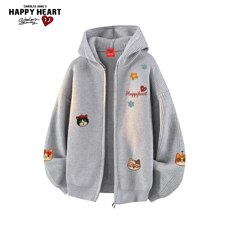 查尔斯桃心小猫花卉印花开衫毛衣男女冬季新款长袖情侣针织外套潮