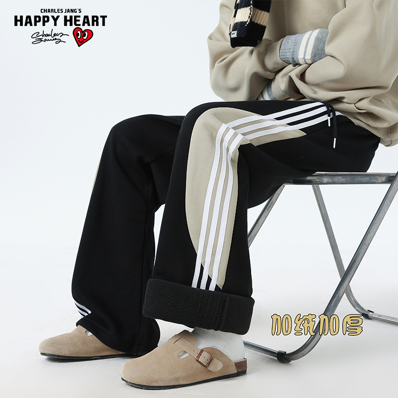 查尔斯桃心美式裤子男冬季加绒加厚重磅宽松直筒阔腿休闲运动卫裤