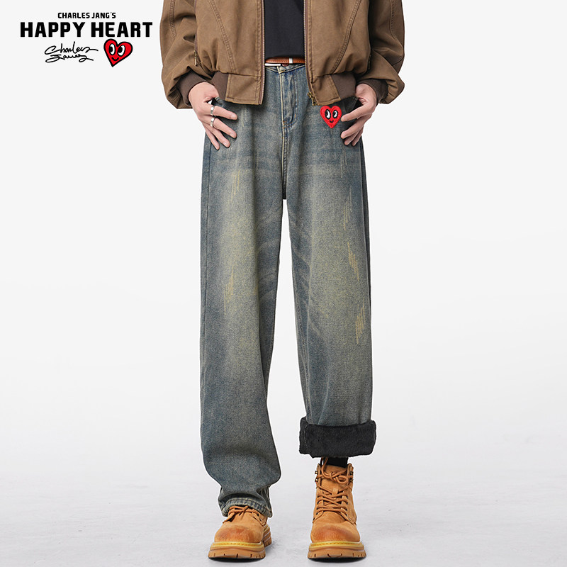 查尔斯桃心 春秋冬季新款加绒加厚保暖水洗学院风直筒牛仔裤男