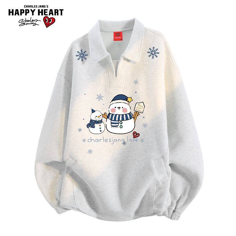 查尔斯桃心涂鸦创意雪花长袖衬衫领卫衣男女翻领宽松休闲外套上衣