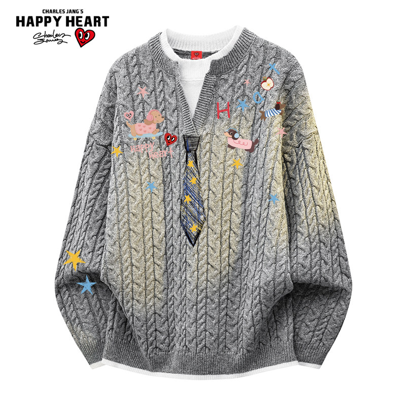 查尔斯桃心涂鸦领带v领针织衫男女冬季新款休闲慵懒长袖宽松毛衣