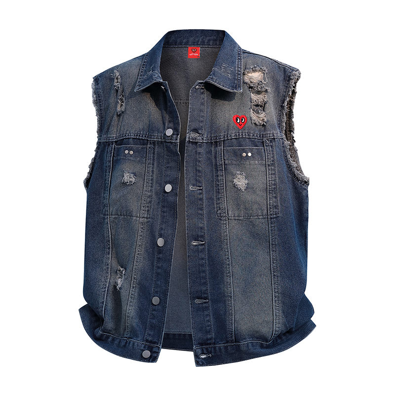 查尔斯桃心 美式水洗磨破牛仔背心外套秋季宽松休闲牛仔夹克上衣