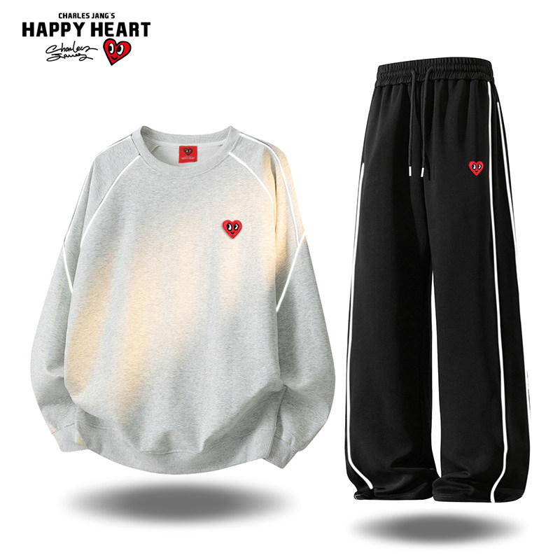 查尔斯桃心美式反光卫衣套装男女秋冬季休闲直筒宽松百搭长裤子潮,男装,休闲运动套装,淘宝优惠券,粉丝福利购,淘宝优惠卷