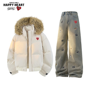 子休闲两件装 连帽保暖棉衣牛仔长裤 潮 男女冬季 查尔斯桃心休闲套装