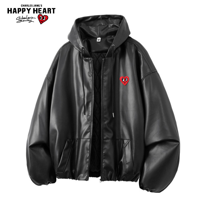 查尔斯桃心PU皮连帽棉衣男女外套