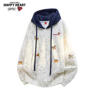 查尔斯桃心小马印花拼接撞色扎染连帽卫衣男女春秋季百搭休闲外套