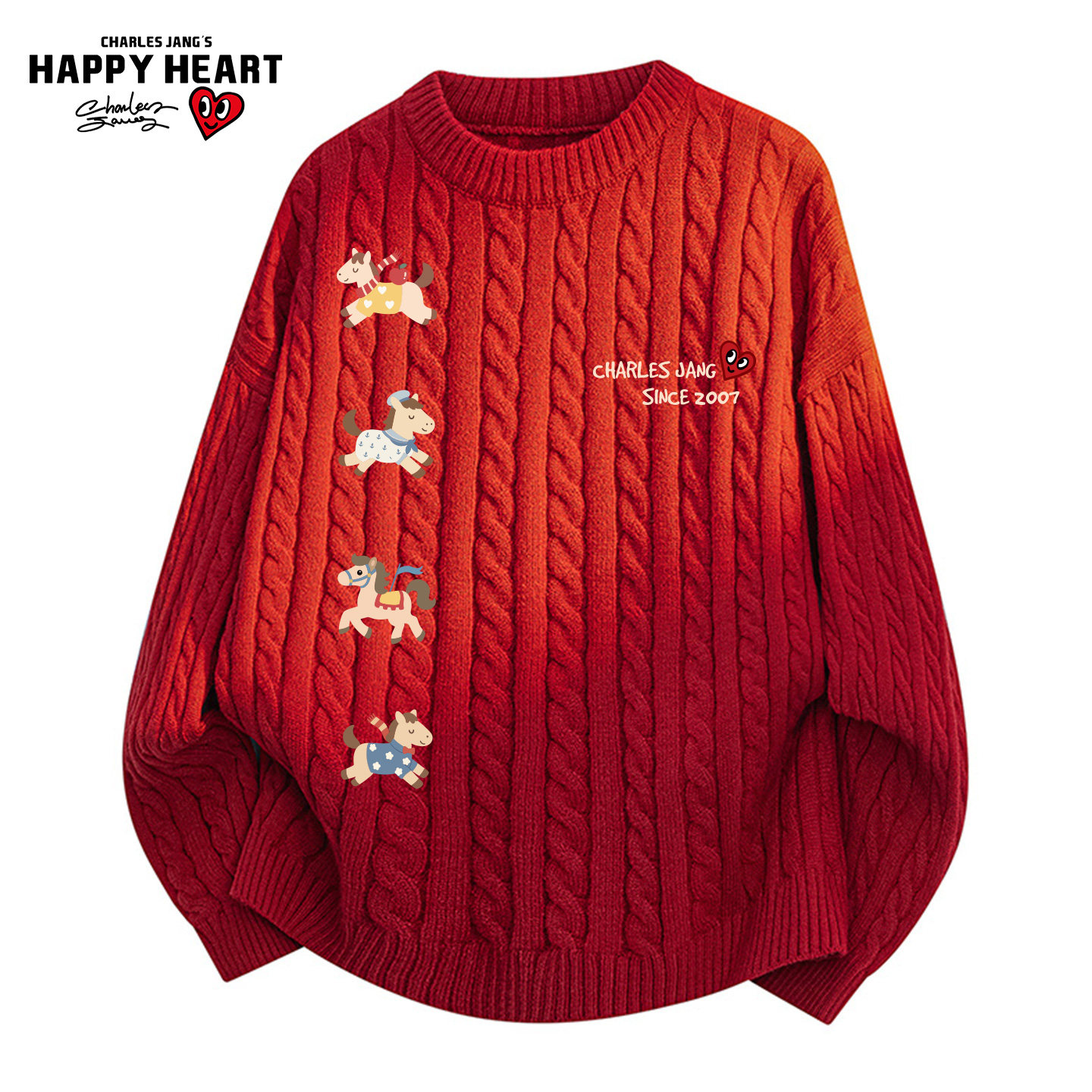 查尔斯桃心马年红色圆领毛衣男秋冬季小马字母印花麻花条纹上衣