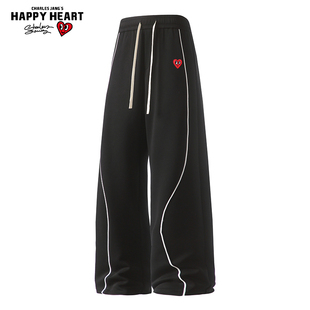 查尔斯桃心 美式线条休闲长裤子男女秋冬季加绒加厚直筒运动卫裤