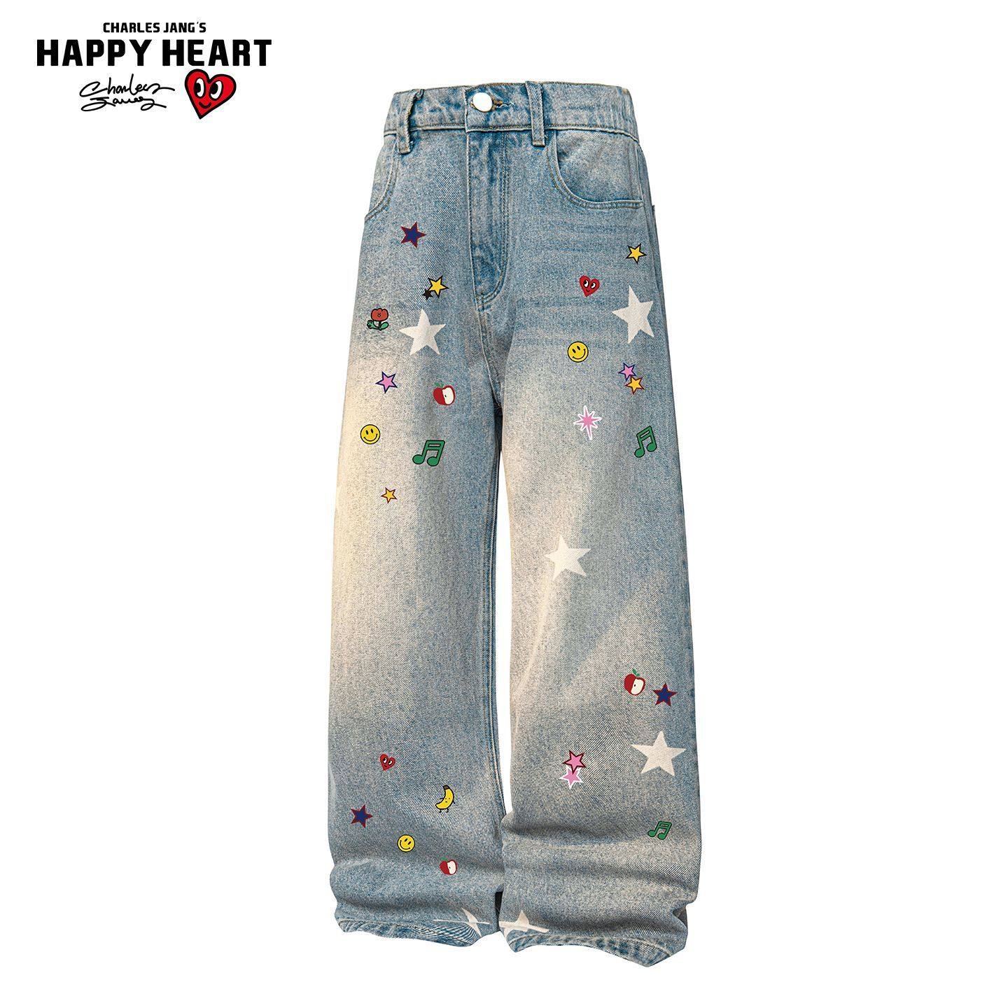 查尔斯桃心 美式复古水洗做旧星星满印涂鸦宽松牛仔裤男女长裤子,男装,牛仔裤,淘宝优惠券,粉丝福利购,淘宝优惠卷
