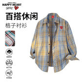 男女春秋季 查尔斯桃心格子长袖 衬衫 宽松休闲情侣港风男生衬衣外套