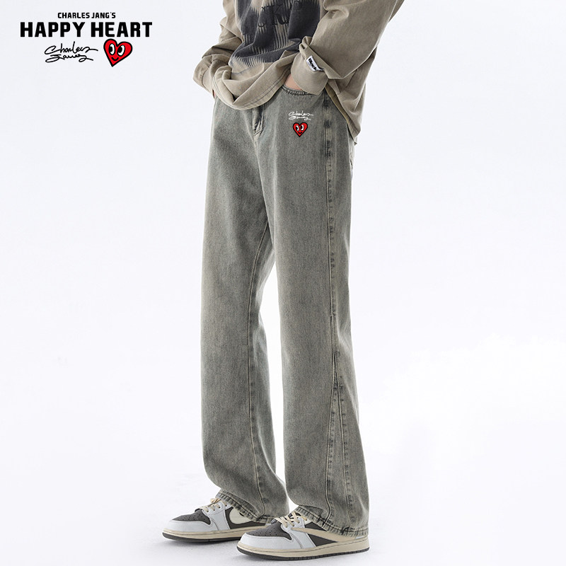查尔斯桃心 2025年新款春秋夏高街中腰牛仔裤男美式复古直筒微喇
