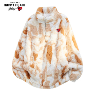 查尔斯桃心 美式扎染立领开衫卫衣男秋冬季加绒加厚保暖情侣外套