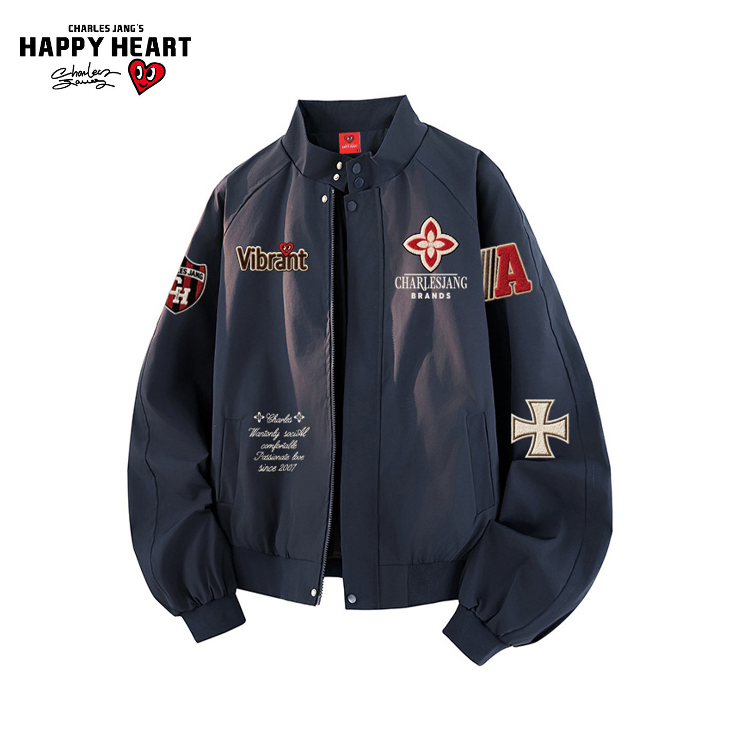 查尔斯桃心美式机车潮流印花立领夹克男女宽松休闲情侣款外套上衣