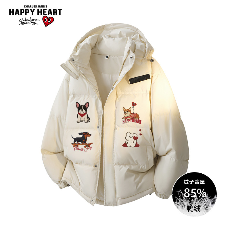 查尔斯桃心小狗印花连帽羽绒服男女冬季新款2025保暖加厚情侣外套