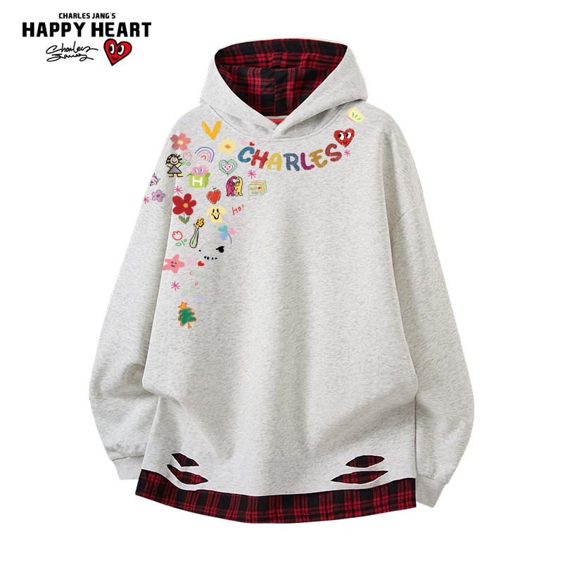 查尔斯桃心 美式复古涂鸦印花连帽卫衣男春秋季撞色拼接情侣外套