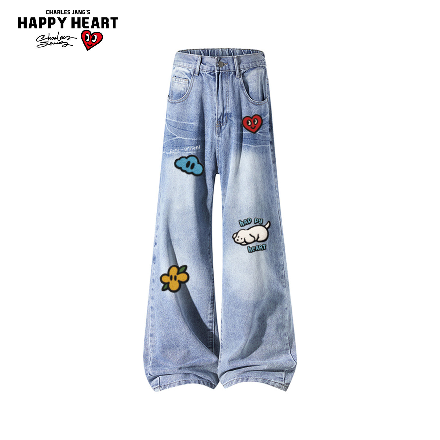 查尔斯桃心小狗印花美式复古牛仔裤春季2026新款宽松直筒阔腿长裤,男装,牛仔裤,淘宝优惠券,粉丝福利购,淘宝优惠卷