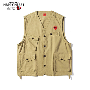 外套无袖 马甲男坎肩春秋款 多口袋爱心刺绣背心 工装 查尔斯桃心