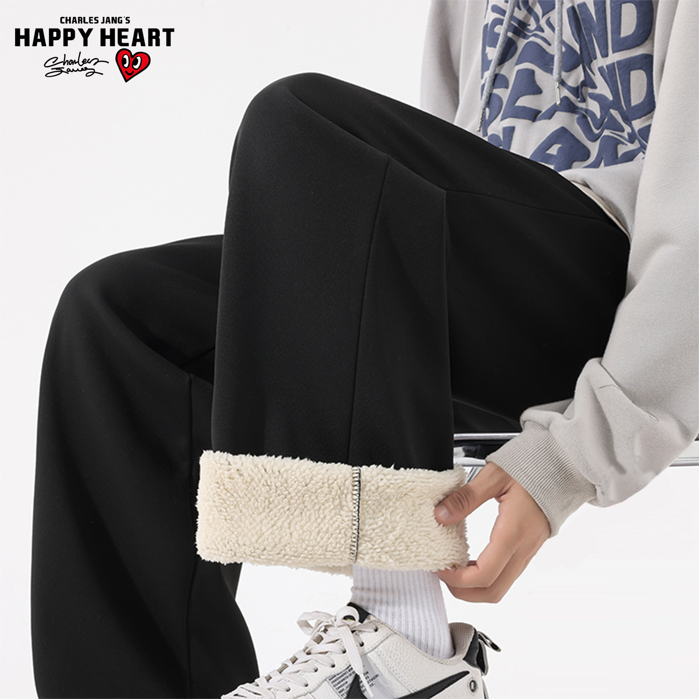 查尔斯桃心羊羔绒休闲裤男冬季加绒加厚保暖防风防水直筒冲锋长裤