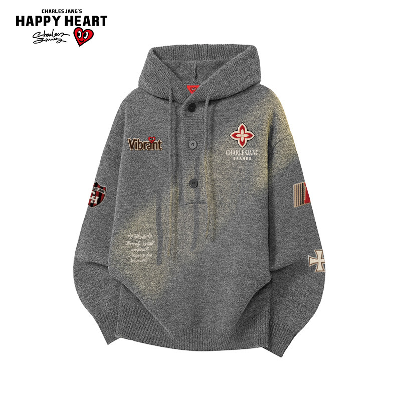 查尔斯桃心徽章印花连帽毛衣男女冬季慵懒针织衫情侣潮牌休闲外套