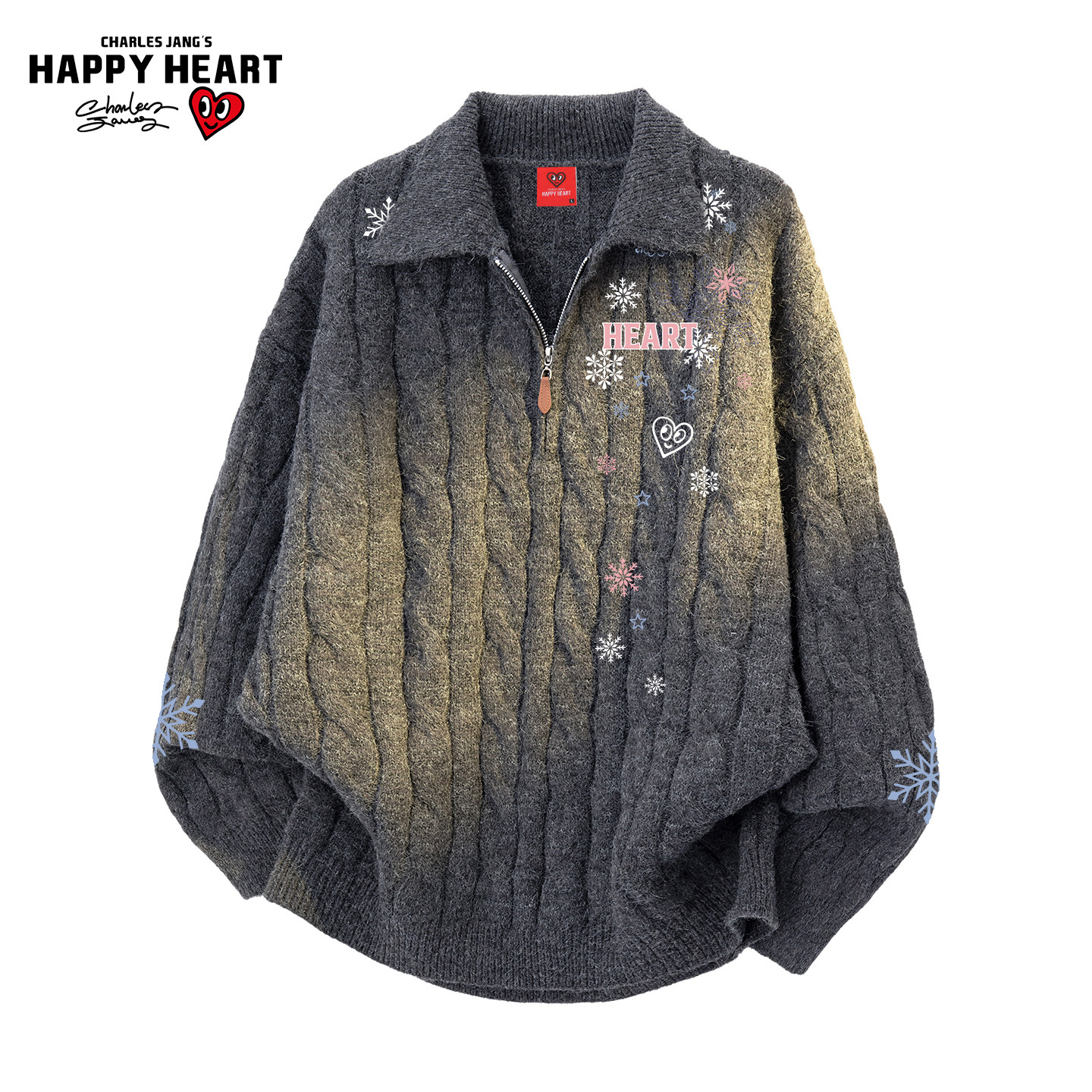 查尔斯桃心美式雪花印花半拉链毛衣男冬季新款麻花慵懒情侣针织衫