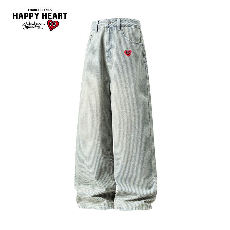 查尔斯桃心 复古牛仔裤男竖条纹春秋季宽松阔腿直筒垂感休闲长裤