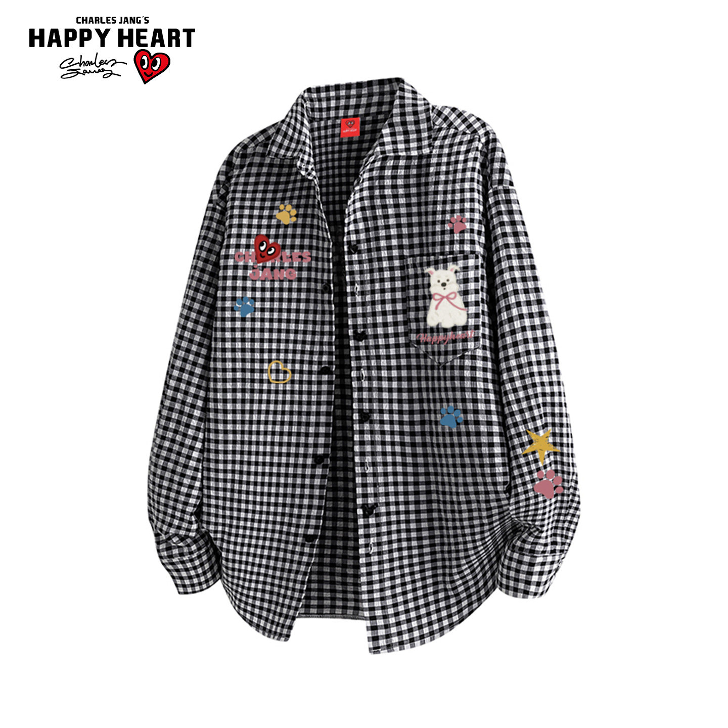 查尔斯桃心卡通印花格子长袖衬衫男女款夏季美式休闲宽松情侣外套
