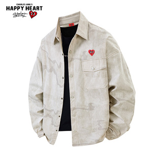 查尔斯桃心 美式复古扎染夹克男潮流新款百搭翻领薄款教练服外套