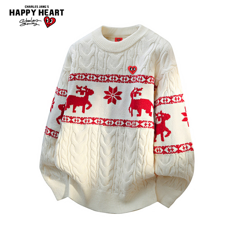 查尔斯桃心麋鹿麻花毛衣男女冬季新款宽松休闲百搭情侣圆领针织衫