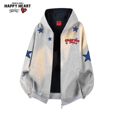 查尔斯桃心 星星印花纯棉连帽开衫卫衣春秋季百搭休闲情侣款外套