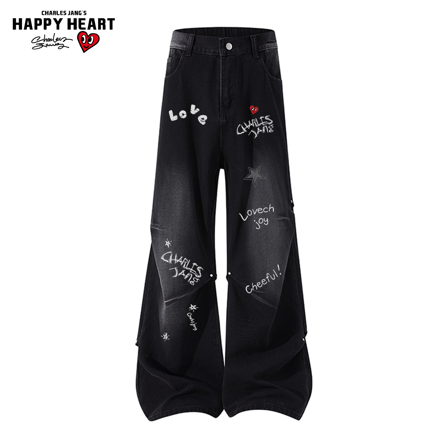 查尔斯桃心美式字母印花褶皱铆钉牛仔裤男女春秋季情侣直筒阔腿裤