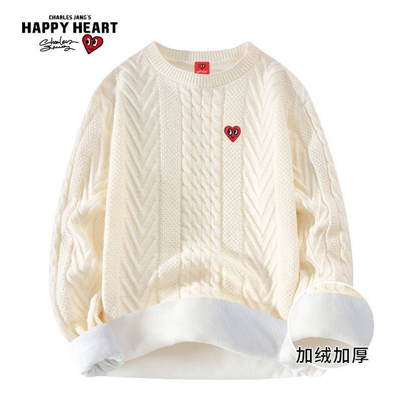 查尔斯桃心新年春节加绒加厚麻花纹理感情侣百搭圆领长袖针织毛衣