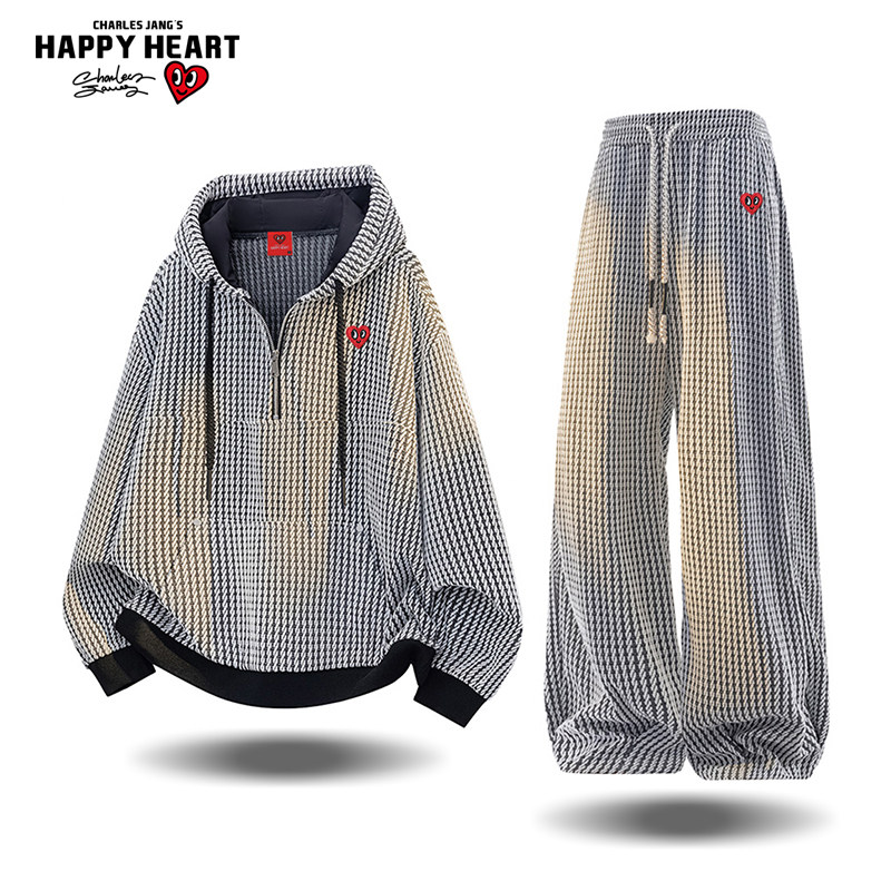 查尔斯桃心 美式小香风套装男春秋季连帽卫衣休闲长裤情侣两件套