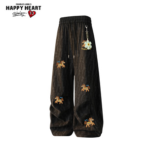 查尔斯桃心美式小香风小马印花裤子男春秋编织纹直筒阔腿休闲长裤