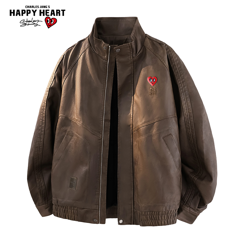 查尔斯桃心 复古立领加绒PU皮夹克男秋冬季加厚保暖休闲情侣外套