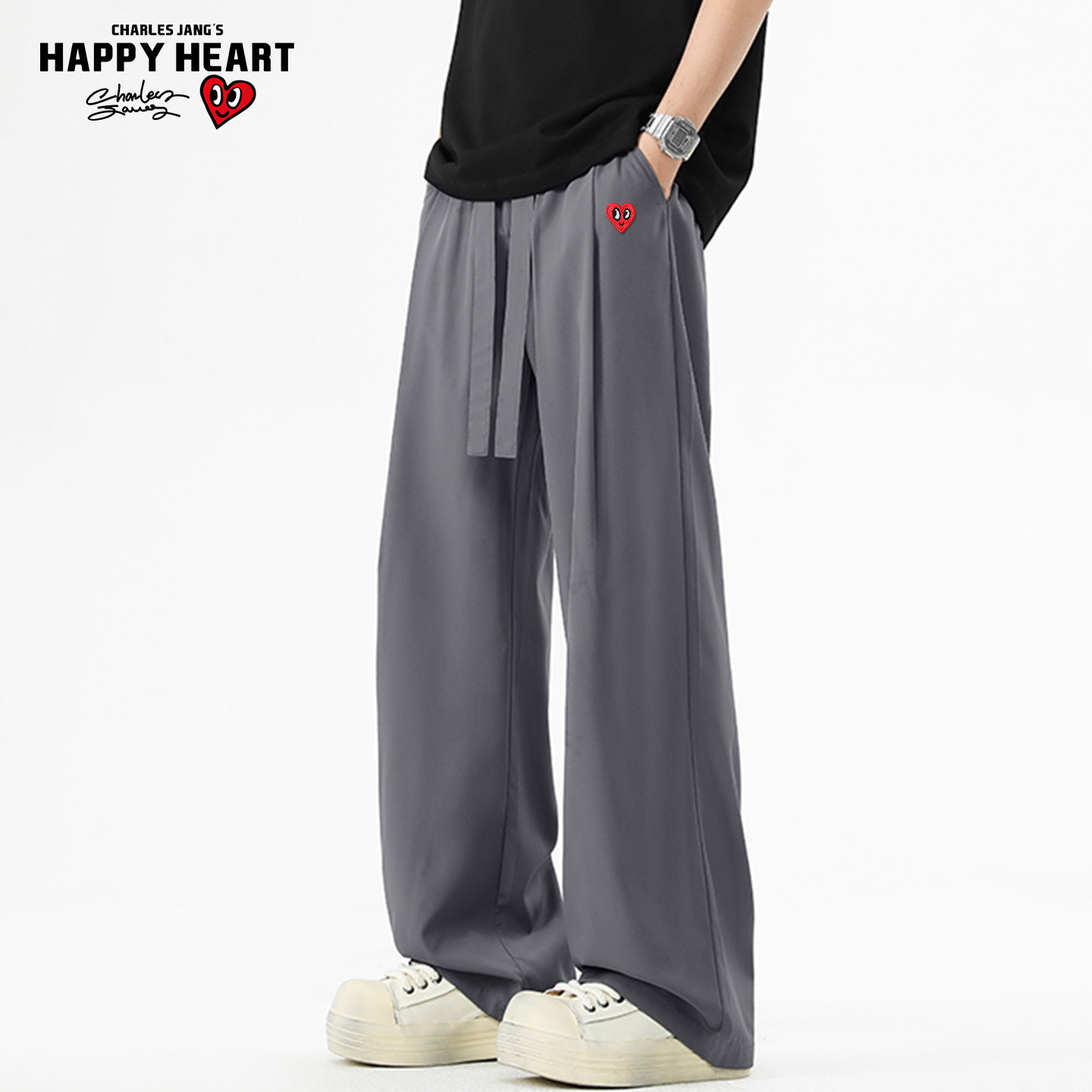 查尔斯桃心深灰色裤子男秋冬季日系垂感西装纯色宽松阔腿休闲长裤