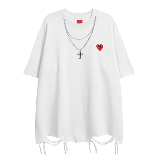 查尔斯桃心 美式嘻哈短袖t恤男2026年项链下摆破洞宽松休闲半袖T