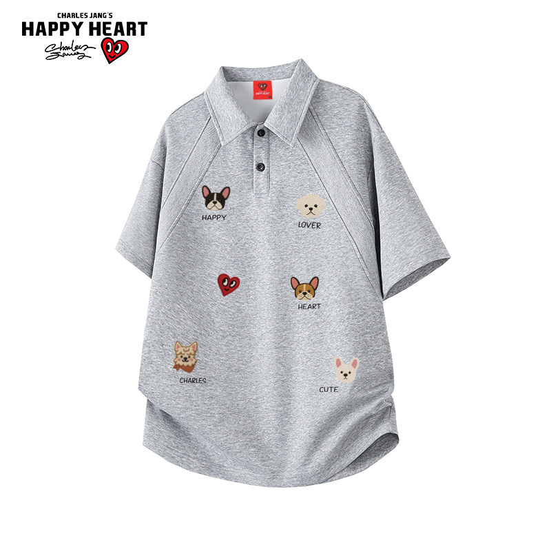 查尔斯桃心小狗印花短袖polo衫男女夏季新款休闲百搭T恤宽松上衣
