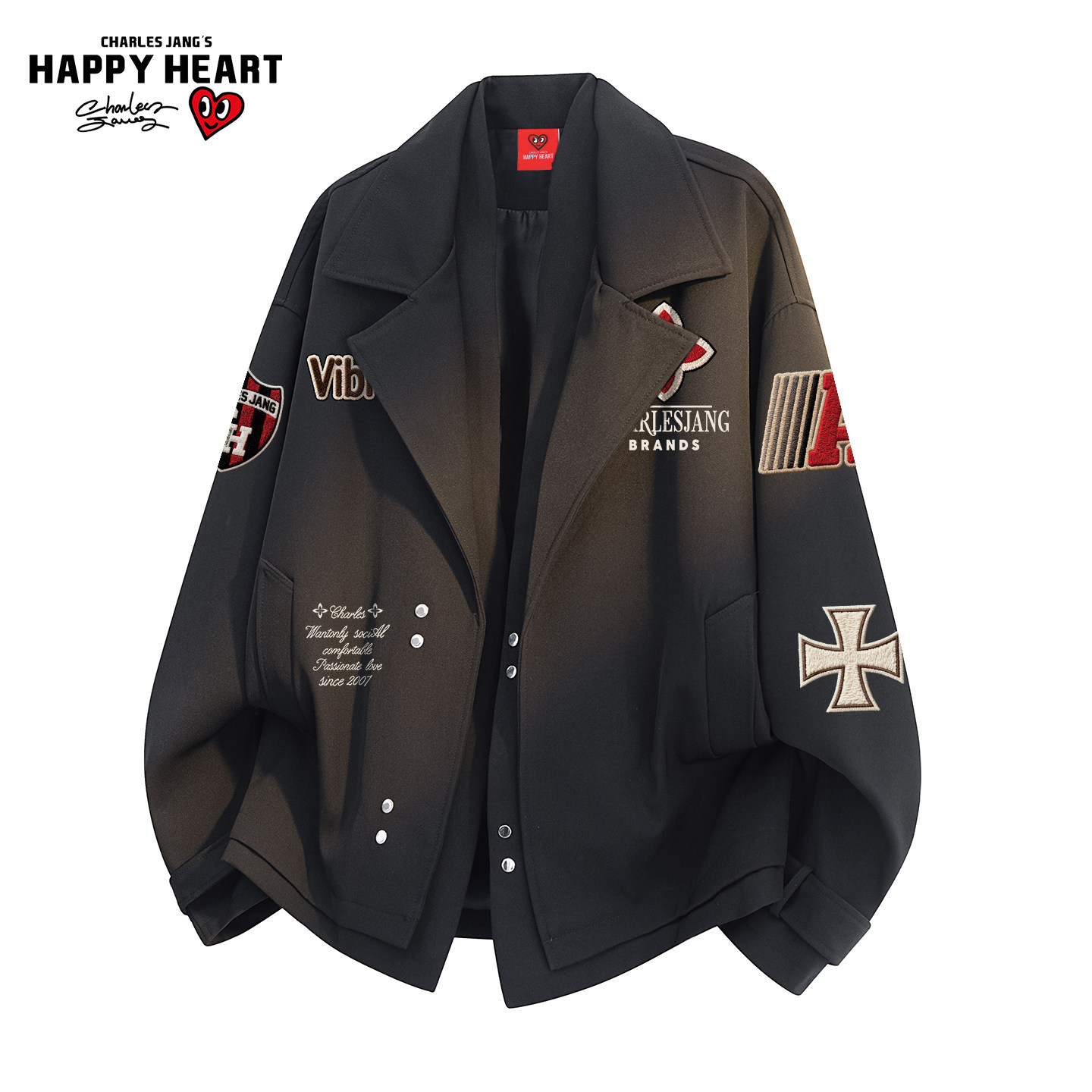 查尔斯桃心美式赛车元素印花夹克男春秋季新款翻领情侣西装服外套