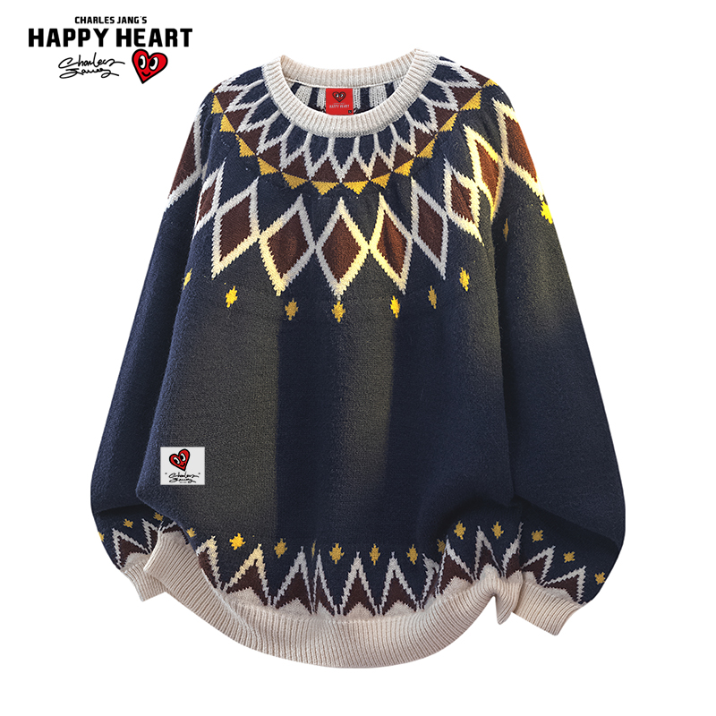 查尔斯桃心 美式复古费尔岛毛衣男女秋冬季圆领菱形格针织衫情侣