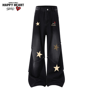 查尔斯桃心美式豹纹星星牛仔裤子男女春秋季高街情侣潮牌直筒长裤