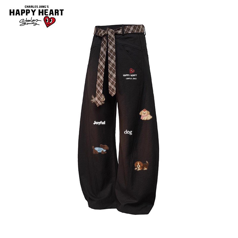 查尔斯桃心趣味小狗印花直筒裤子男女春秋冬季宽松情侣休闲弯刀裤