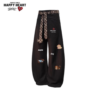 宽松情侣休闲弯刀裤 查尔斯桃心趣味小狗印花直筒裤 子男女春秋冬季